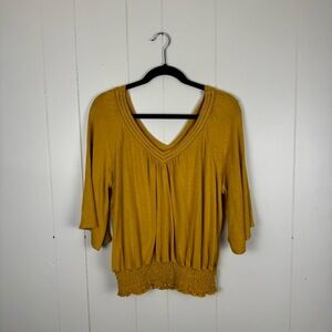 American Rag Mustard Yellow Smocked Boho Top L 3/4 Sleeve V-Neck Blouse